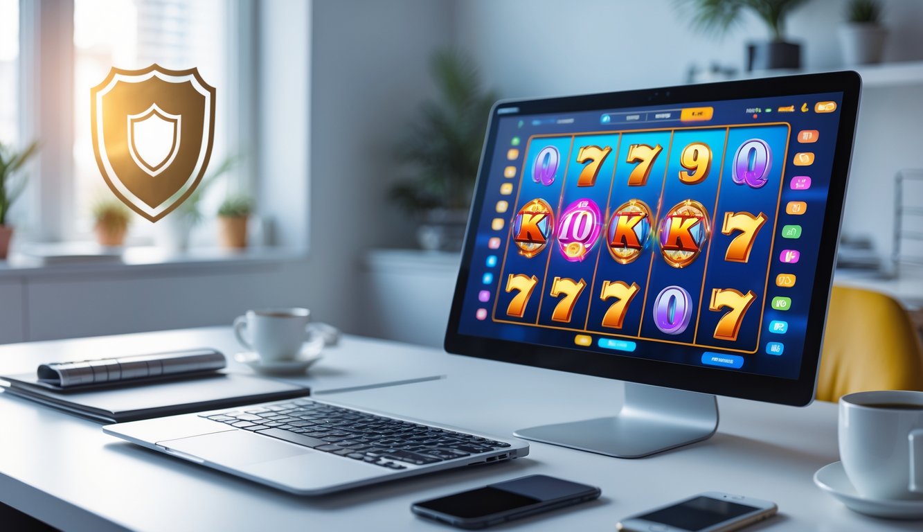 Seorang pengguna sedang bermain permainan slot online di komputer dengan latar meja kerja yang rapi dan pencahayaan terang.