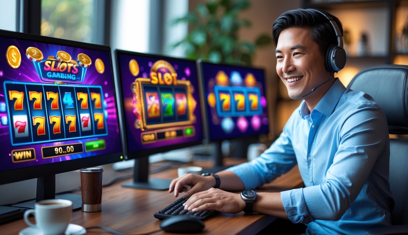 Seorang dewasa sedang menggunakan komputer dengan tampilan permainan slot online yang berwarna-warni di layar di ruang kerja yang rapi dan terang.