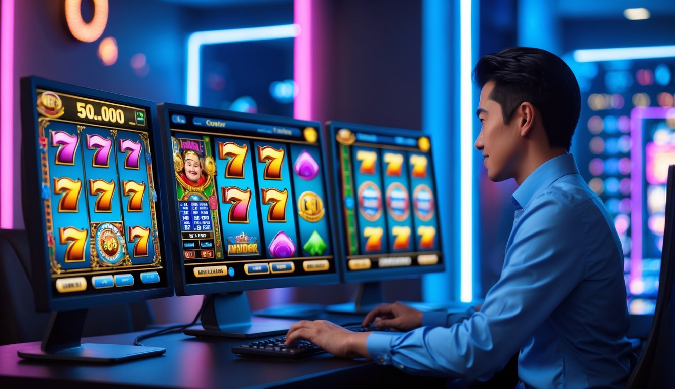 Seorang pria fokus menggunakan komputer dengan layar menampilkan mesin slot berwarna-warni di ruangan modern yang terang.