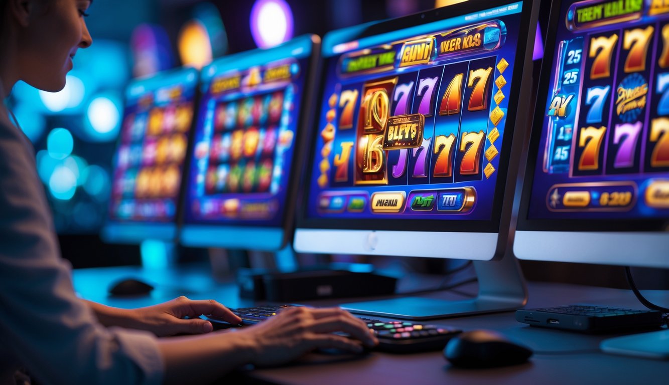 Seseorang sedang bermain permainan slot online di komputer dengan layar menampilkan grafik mesin slot berwarna-warni.