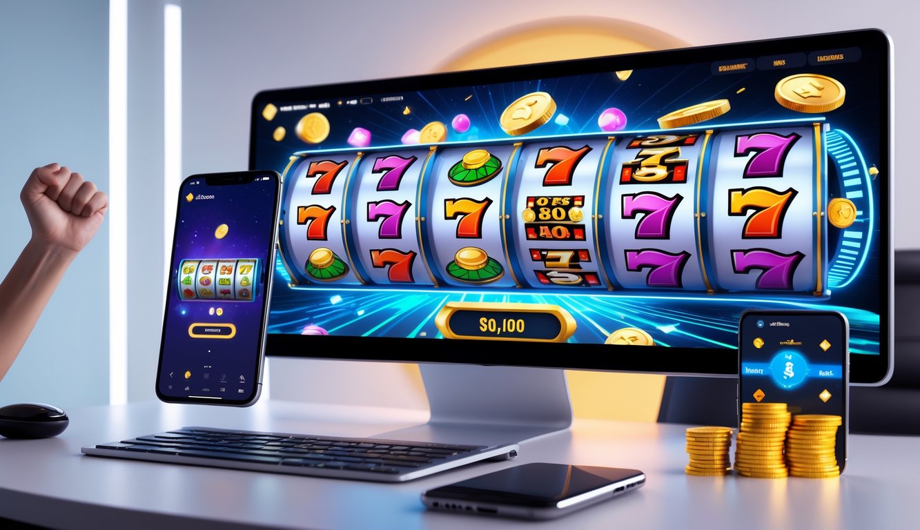 Seorang pemain bahagia menggunakan komputer dan ponsel untuk bermain mesin slot online dengan simbol kemenangan yang berwarna-warni di layar.