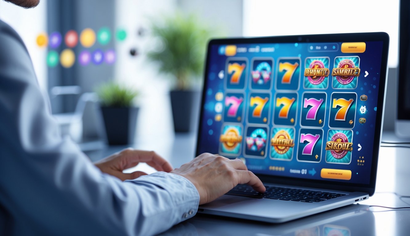 Seseorang menggunakan laptop dengan tampilan permainan slot online di layar dalam suasana kerja yang modern dan terang.