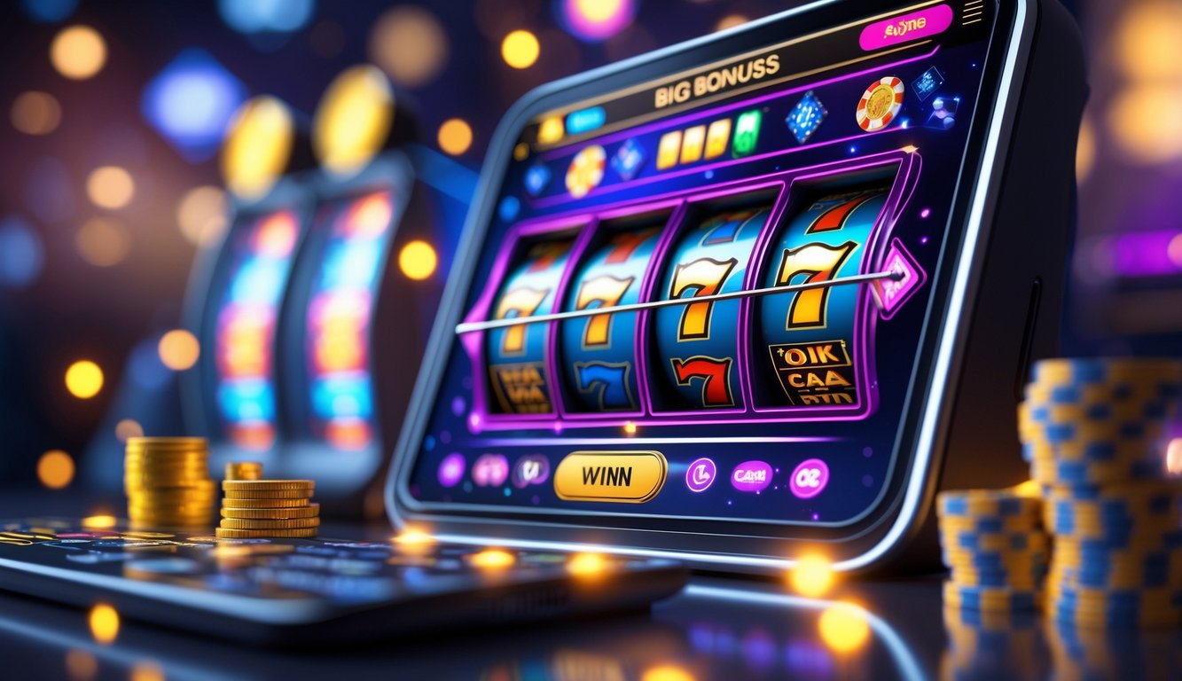 Layar perangkat digital menampilkan permainan slot online dengan grafik warna-warni dan simbol jackpot, dikelilingi koin dan chip kasino.
