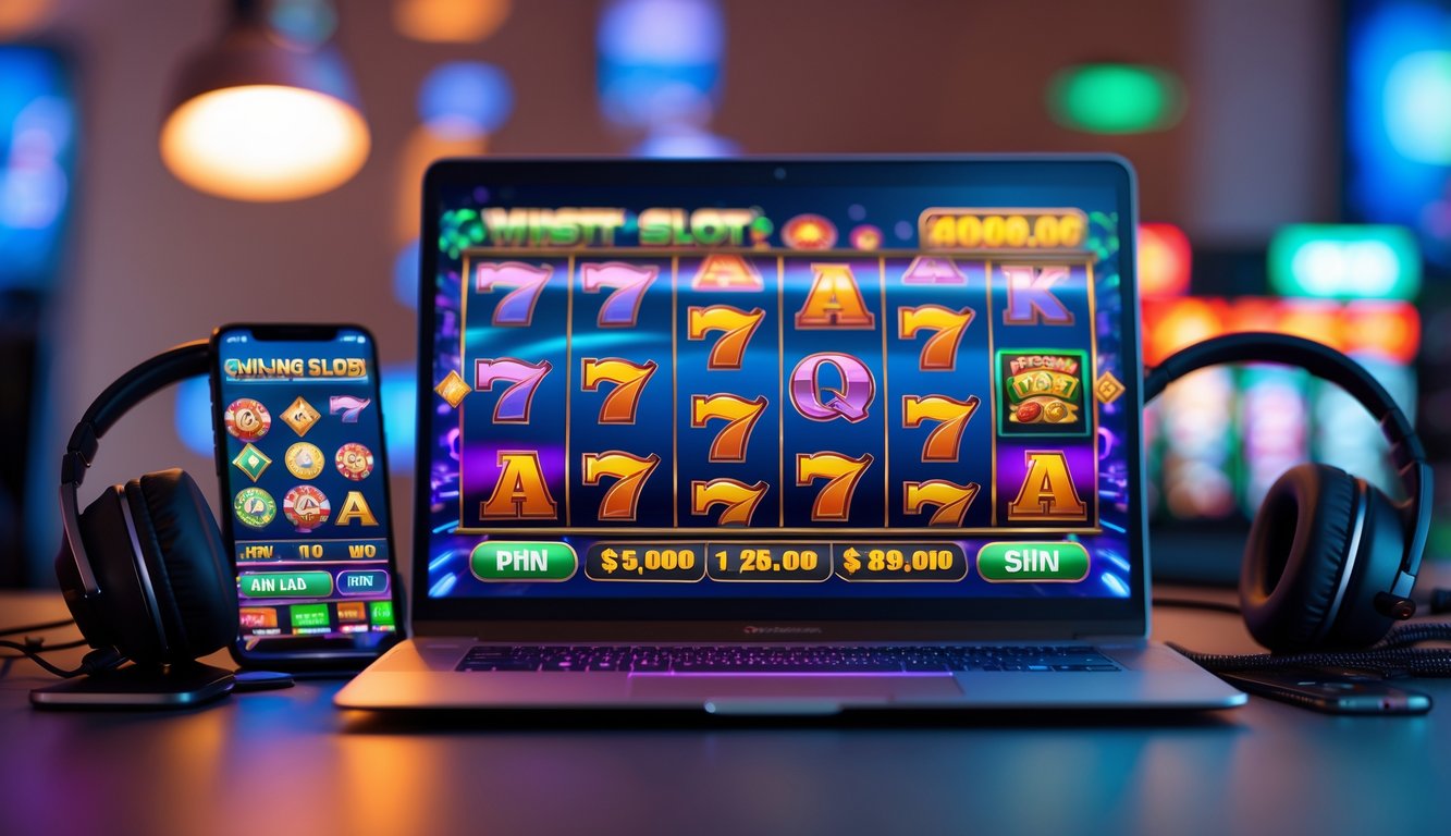 Sebuah setup permainan kasino online dengan komputer menampilkan permainan slot yang berwarna-warni dan suasana yang hangat.