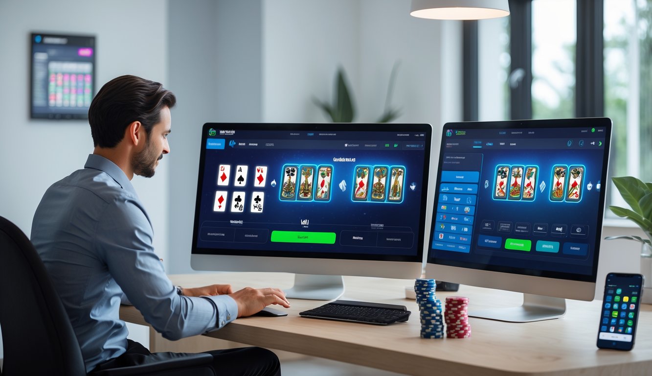 Seseorang sedang menggunakan komputer dengan tampilan permainan kartu Capsa online di sebuah ruangan modern dan rapi.