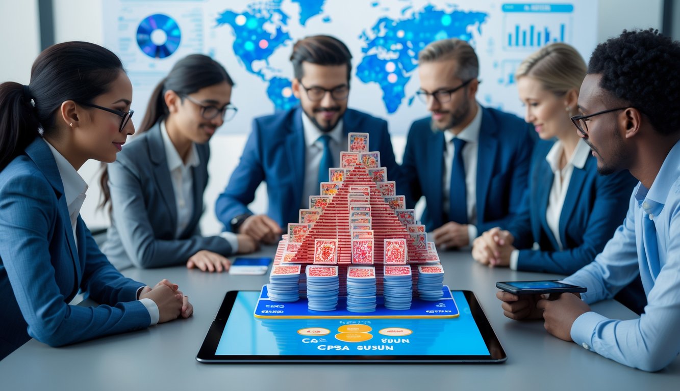 Sekelompok profesional sedang berdiskusi di ruang kantor dengan tampilan kartu tertata rapi di atas meja.