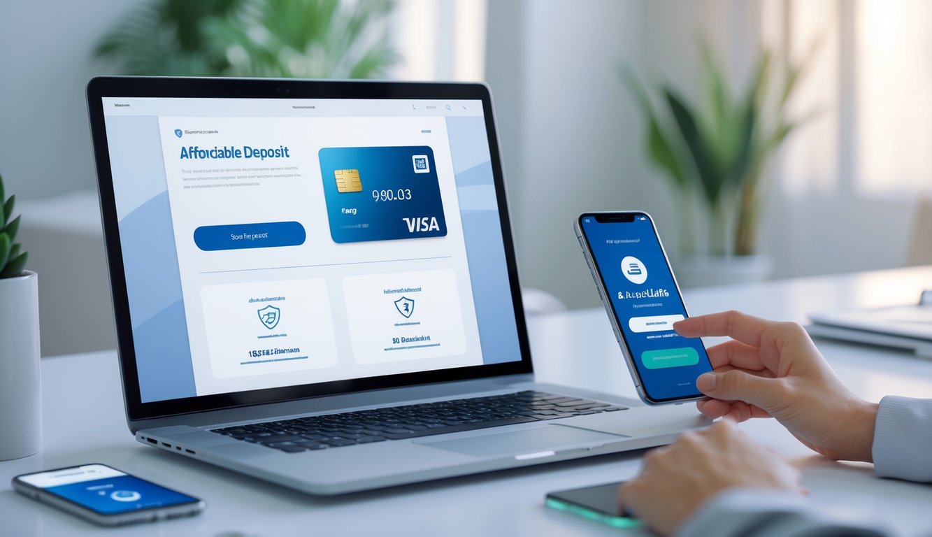 Meja kerja modern dengan laptop dan ponsel yang menampilkan transaksi keuangan online, tangan seseorang sedang menggunakan perangkat tersebut.