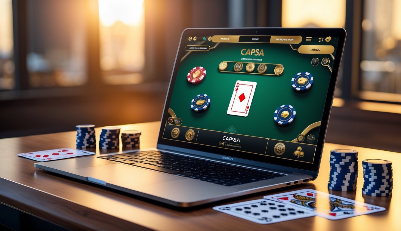 Suasana ruang kerja modern dengan laptop yang menampilkan permainan kartu Capsa, dikelilingi chip poker dan kartu bermain di atas meja kayu, menampilkan lingkungan judi online yang aman dan terpercaya.