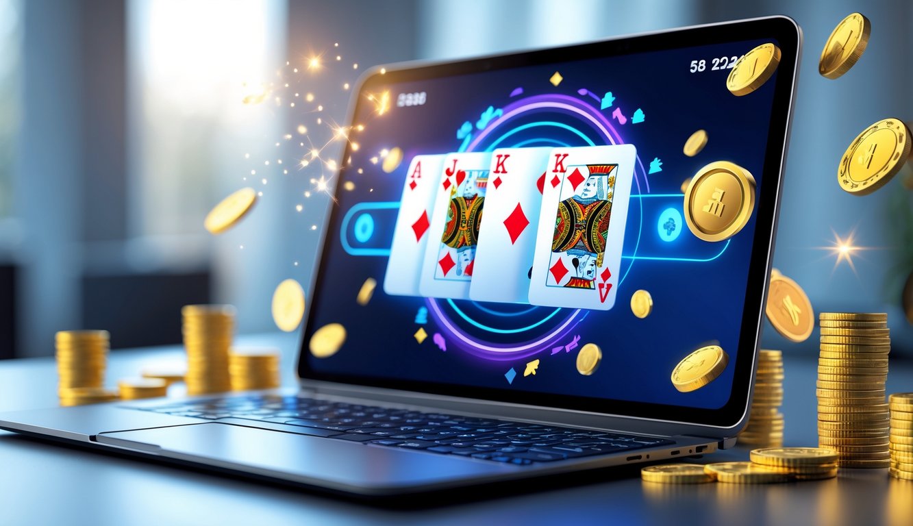 Sebuah laptop menampilkan permainan kartu online dengan chip dan koin di sekitarnya, menggambarkan suasana kasino online yang modern.