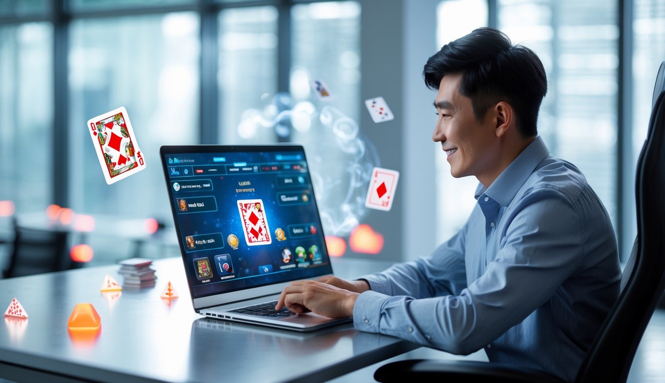 Seorang pria muda Asia duduk di meja modern dengan laptop, fokus bermain permainan kartu online di kantor yang terang.