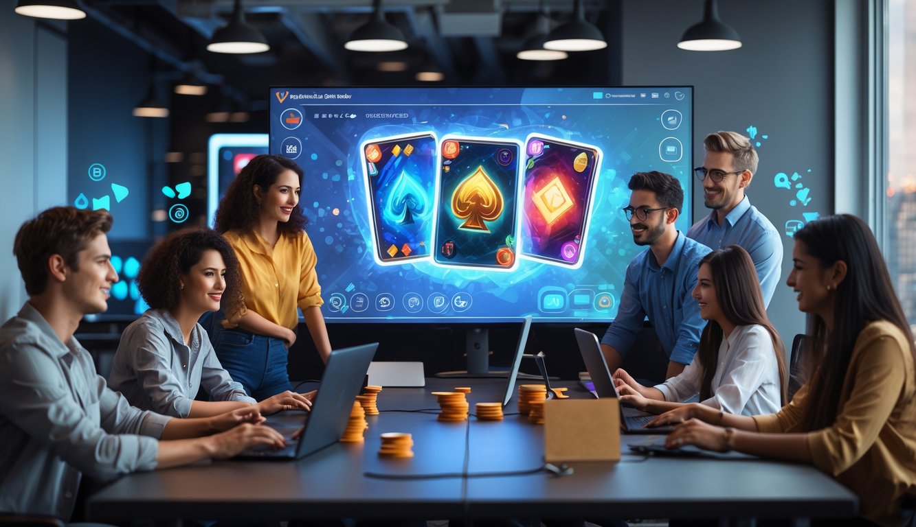 Sekelompok orang muda sedang berkumpul di sekitar komputer yang menampilkan permainan kartu digital di sebuah kantor modern.