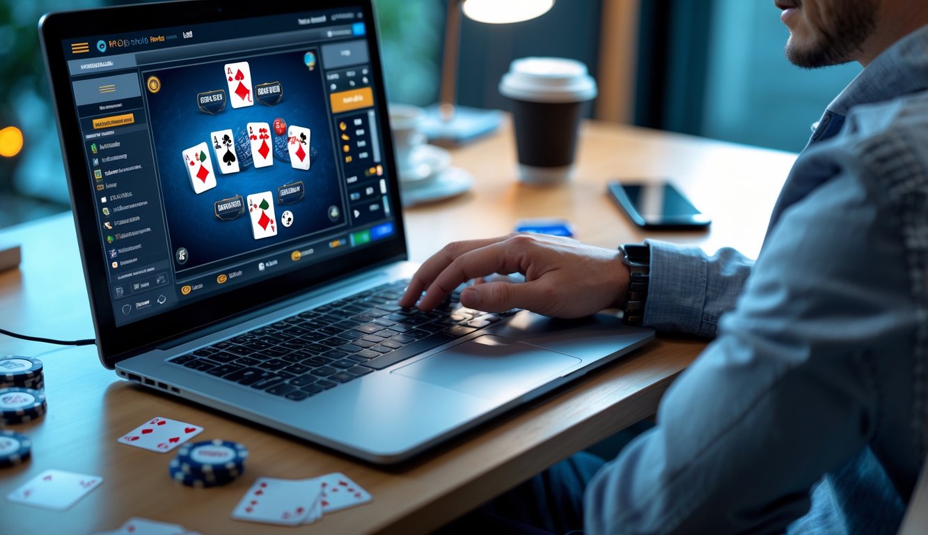 Seorang pria duduk di meja dengan laptop yang menampilkan permainan poker Texas Hold'em, dikelilingi chip dan kartu poker.