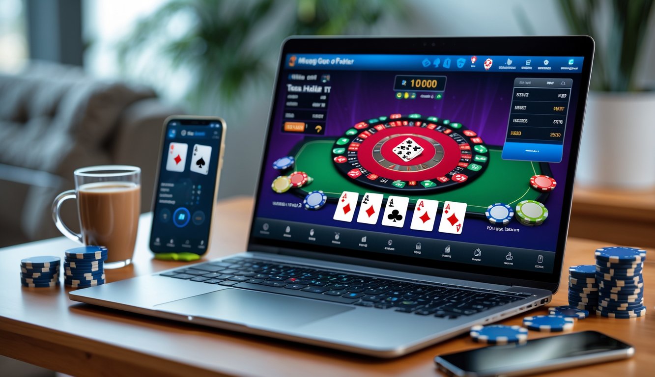 Seorang pemain poker online Texas Hold'em sedang bermain di laptop dengan chip poker dan kartu di meja kayu.