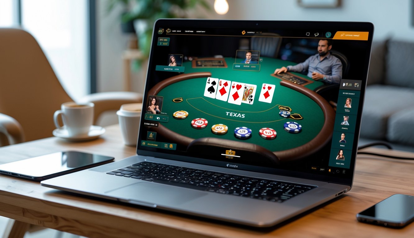 Seseorang bermain poker Texas online di depan komputer dengan tumpukan chip dan kartu di meja.