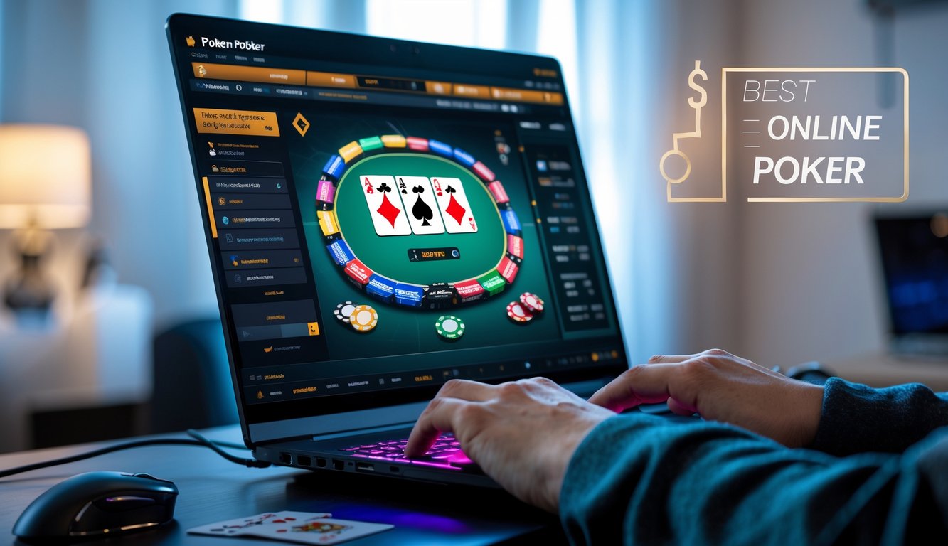 Seseorang bermain poker online di komputer dengan chip dan kartu poker di layar dalam ruangan yang terang dan rapi.