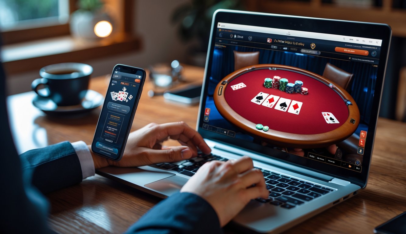 Seseorang bermain poker Texas Hold'em online menggunakan laptop dan ponsel di meja kerja yang rapi.