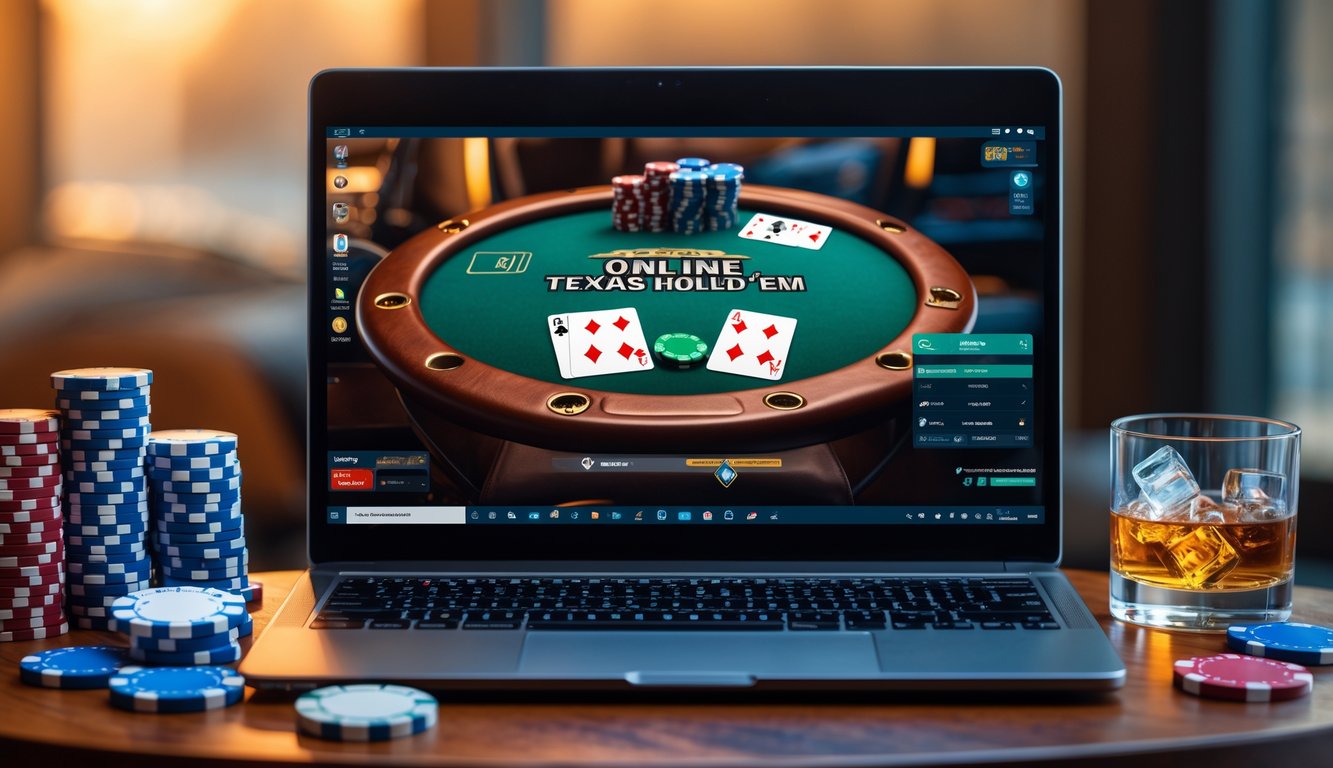 Sebuah laptop menampilkan permainan poker Texas Hold'em online dengan chip poker dan kartu di meja kayu.