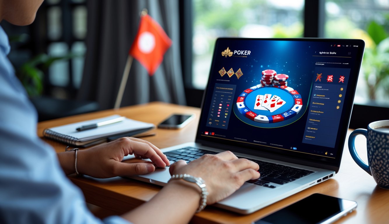 Seorang pria sedang bermain poker online di laptop di ruang kerja dengan elemen budaya Indonesia di latar belakang.