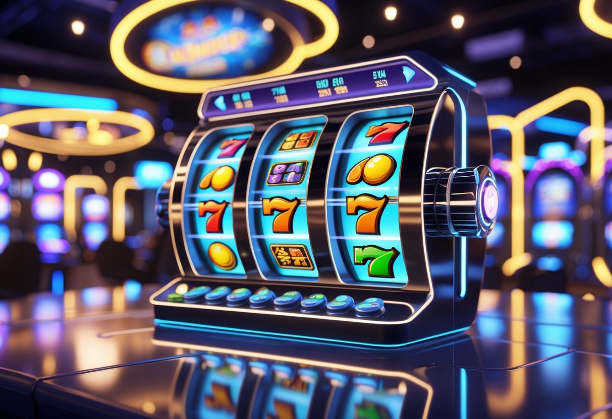 Tampilan mesin slot digital futuristik dengan gulungan berwarna-warni dan latar belakang kasino yang terang dengan lampu neon dan elemen holografik.