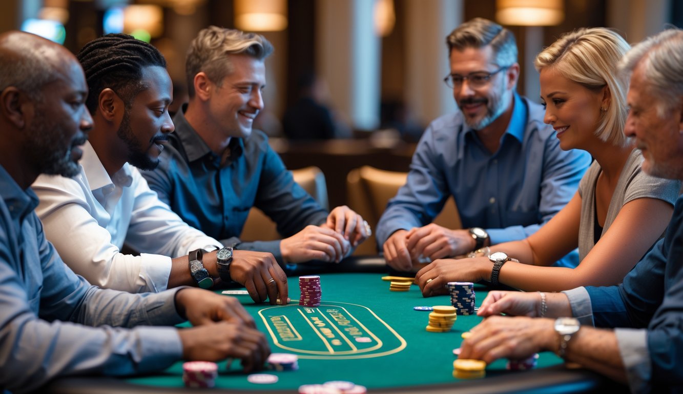 Sekelompok orang dewasa bermain poker Texas Hold'em di meja hijau di dalam kasino yang mewah.