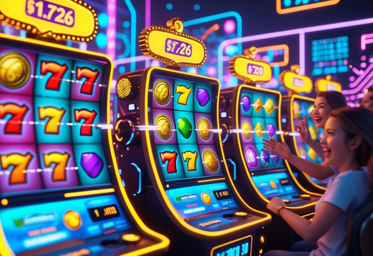 Adegan kasino futuristik dengan mesin slot online berwarna-warni yang sedang berputar dan pemain yang antusias berinteraksi dengan mesin tersebut.