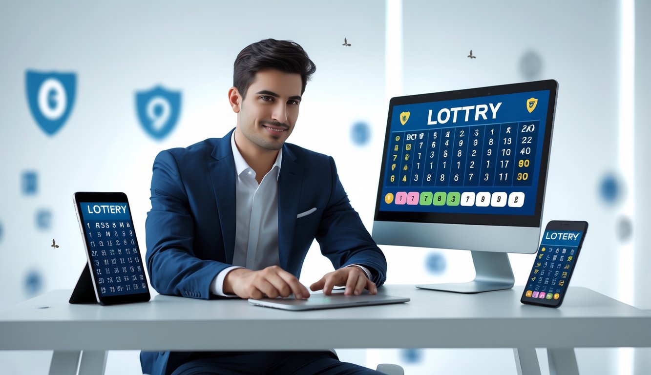 Seorang dewasa muda duduk di meja dengan laptop dan ponsel yang menampilkan angka lotere, menggambarkan lingkungan permainan lotere online yang terpercaya.