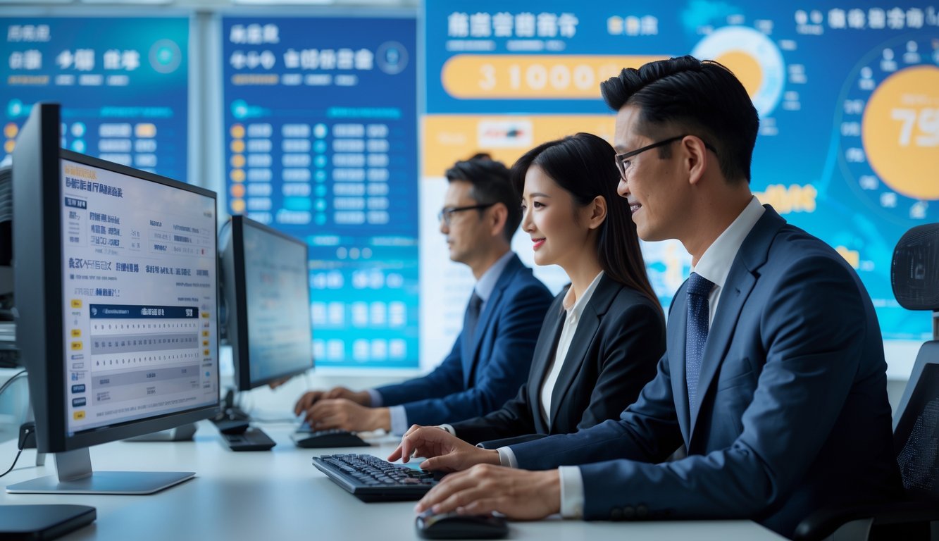 Seorang pria dan wanita bekerja di depan komputer dengan data dan grafik terkait lotere Hong Kong di kantor modern.