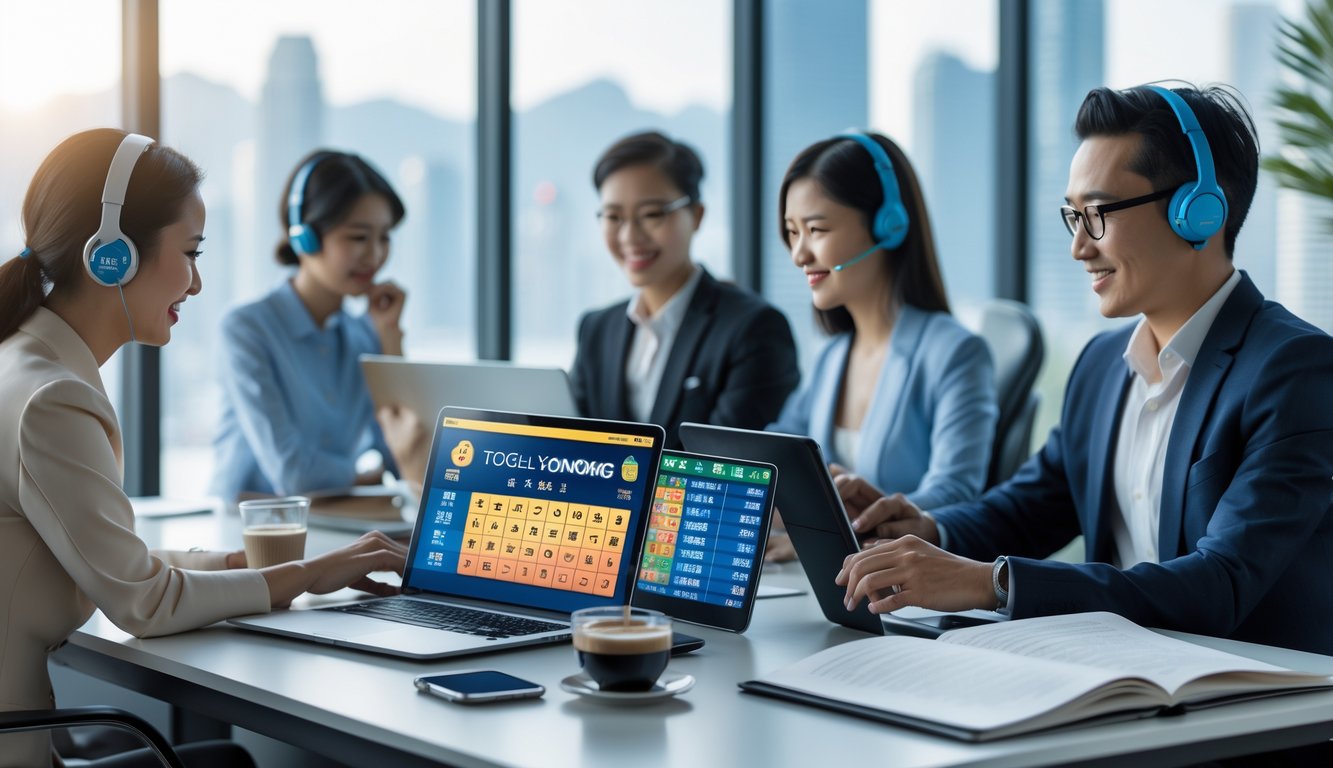 Orang-orang menggunakan perangkat digital di ruangan modern dengan latar belakang pemandangan kota Hong Kong.