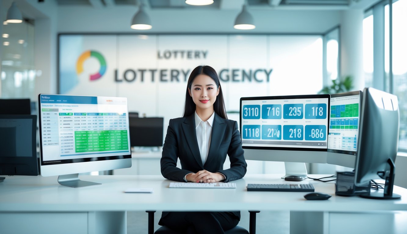 Seorang wanita bisnis duduk di meja kantor modern dengan beberapa layar komputer yang menampilkan data terkait lotere.