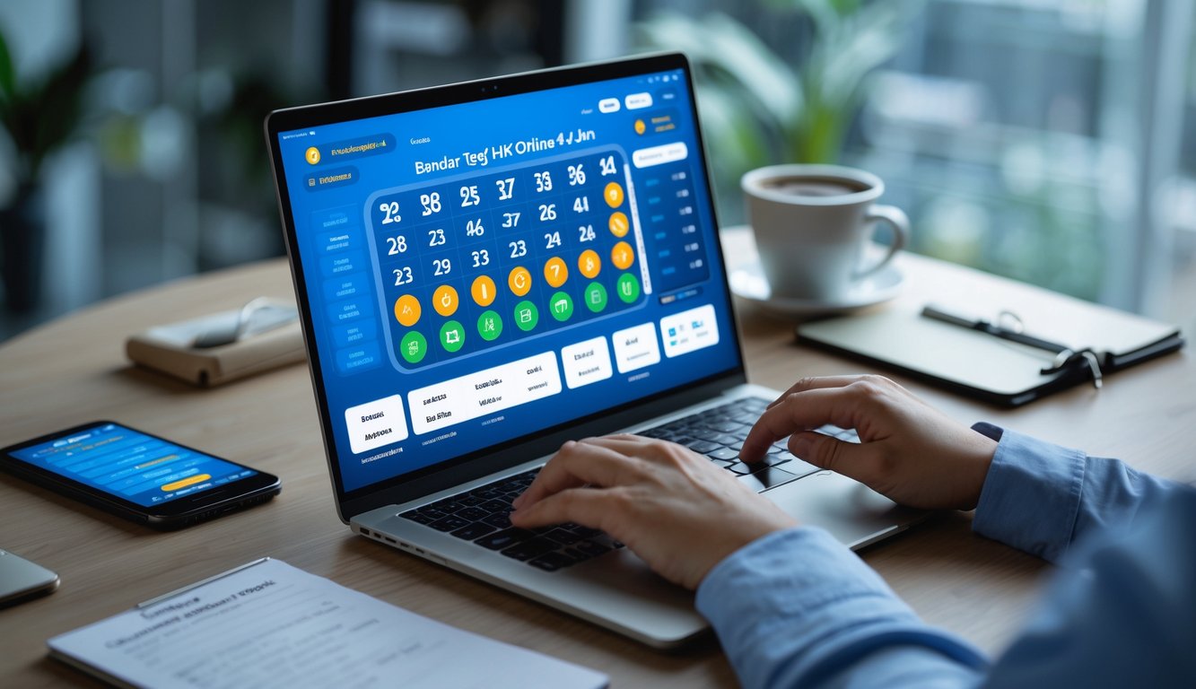 Seseorang sedang menggunakan laptop dengan tampilan antarmuka permainan togel online, di meja terdapat ponsel dan cangkir kopi.