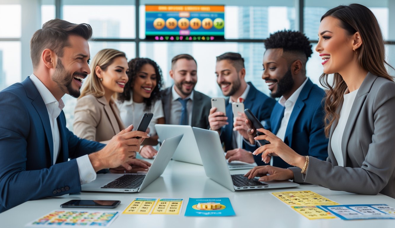 Sekelompok orang di kantor modern menggunakan laptop dan ponsel, menunjukkan ekspresi antusias dan harapan saat bermain lotere online.