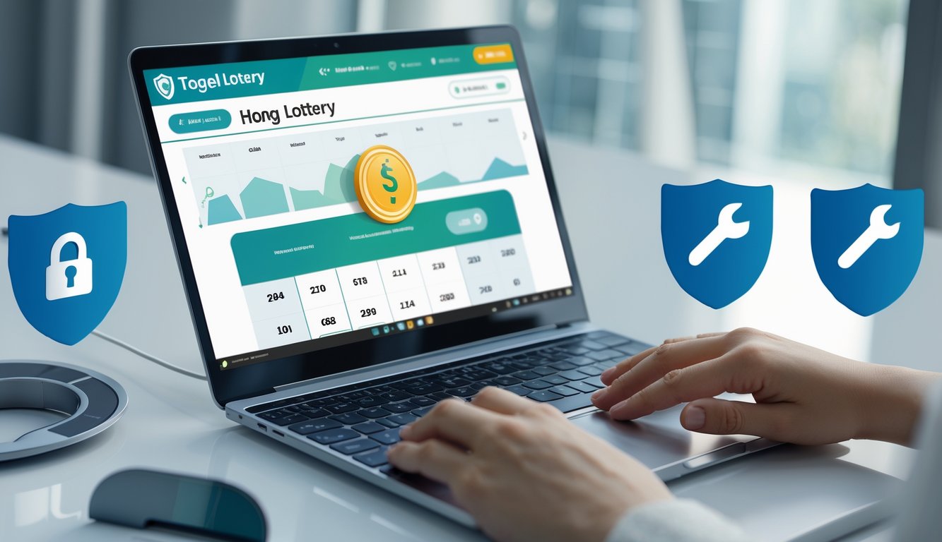 Seseorang menggunakan laptop di meja kerja yang rapi dengan tampilan situs lotere online dan simbol keamanan di latar belakang.