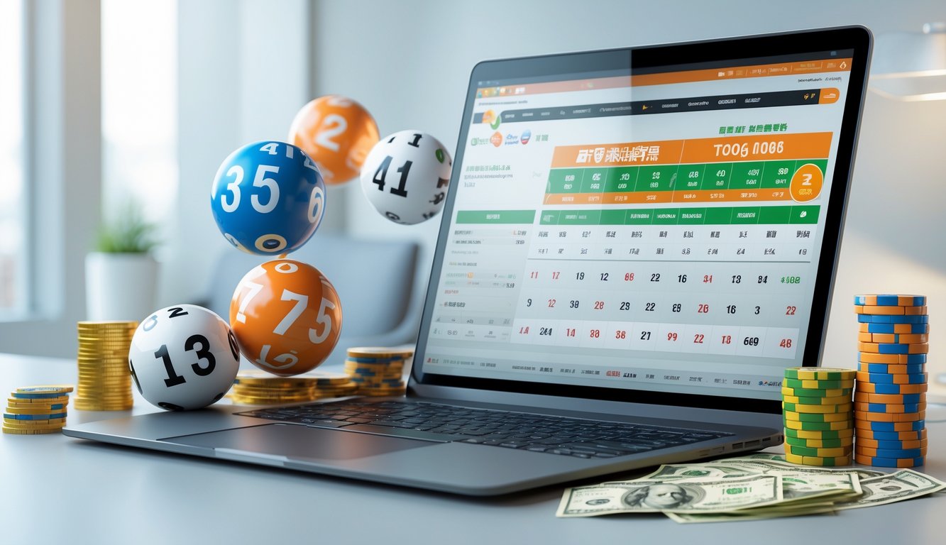 Sebuah laptop menampilkan situs togel online dengan bola togel dan chip warna-warni di sekitarnya.