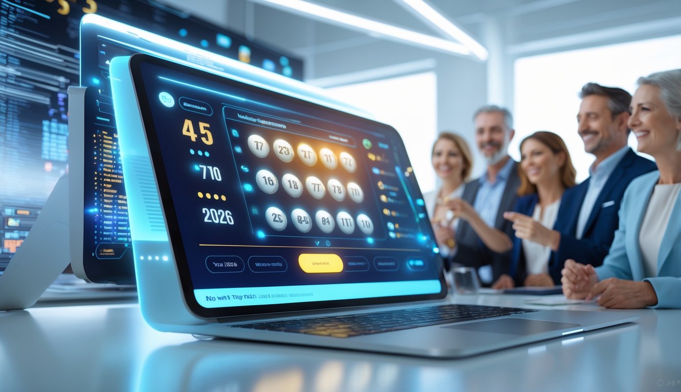 Orang-orang yang menggunakan perangkat digital di ruang kerja modern dengan antarmuka lotere online yang futuristik dan cerah.