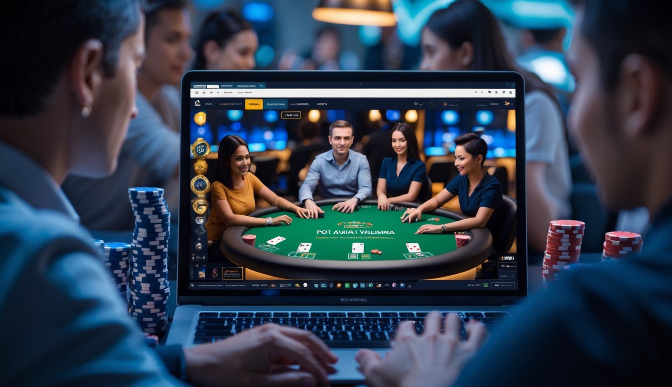 Layar komputer menampilkan permainan poker online Pot-Limit Omaha dengan tumpukan chip dan kartu di meja virtual, beberapa pemain terlihat fokus bermain.