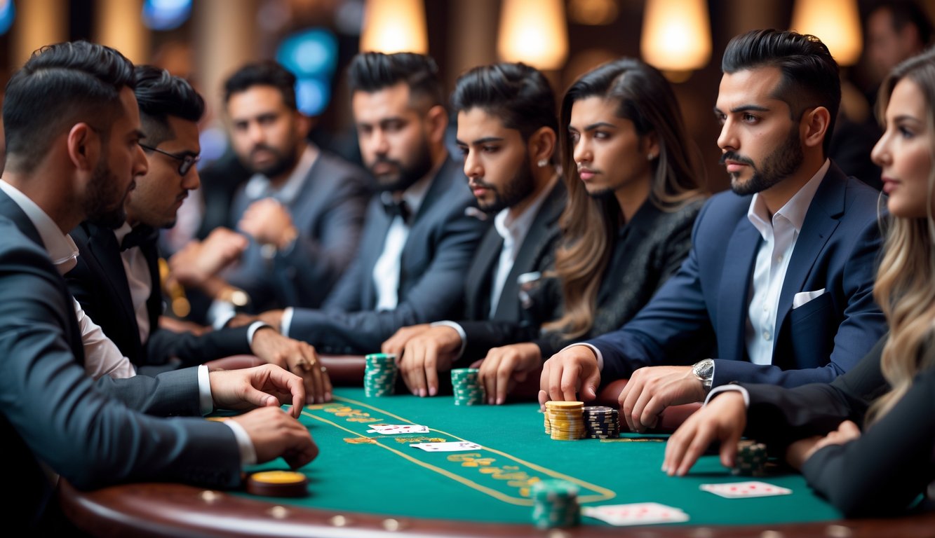 Beberapa pemain poker sedang bermain Pot-Limit Omaha di meja hijau dengan chip dan kartu, suasana serius dan profesional.