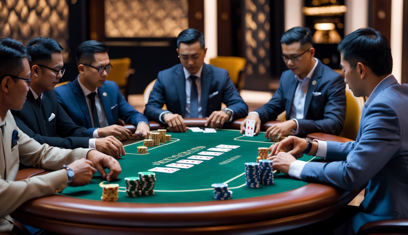 Sekelompok pemain poker Indonesia sedang bermain Omaha di meja poker dengan chip dan kartu, suasana kasino modern.