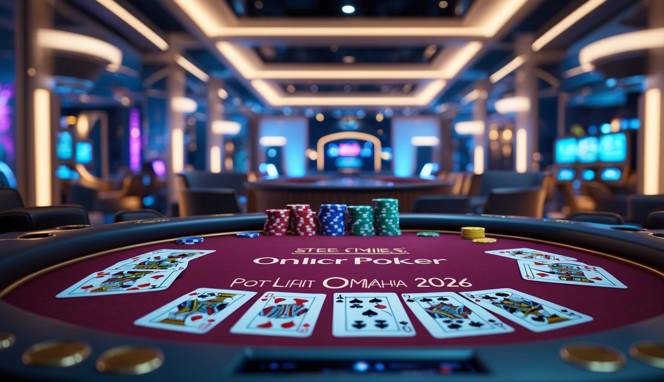 Meja poker digital dengan chip dan kartu di lingkungan kasino modern futuristik.