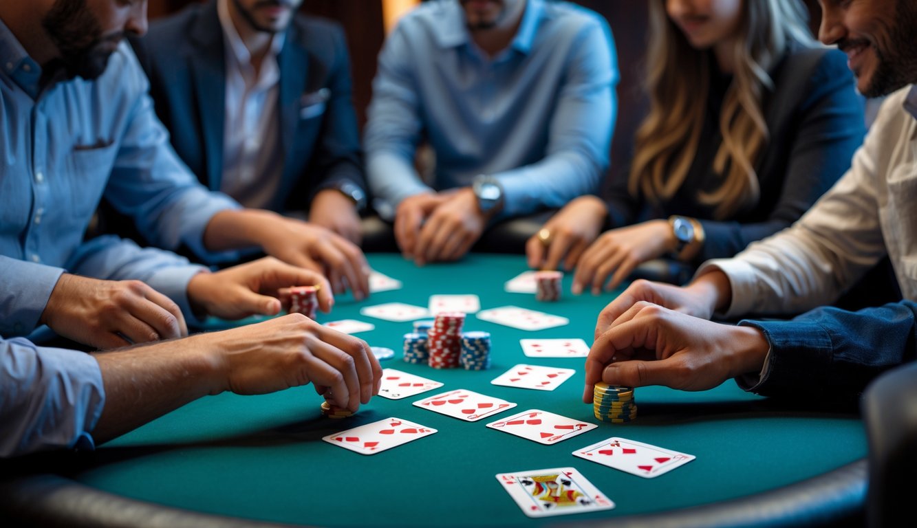 Empat orang sedang bermain poker Pot-Limit Omaha di meja dengan kartu dan chip poker.