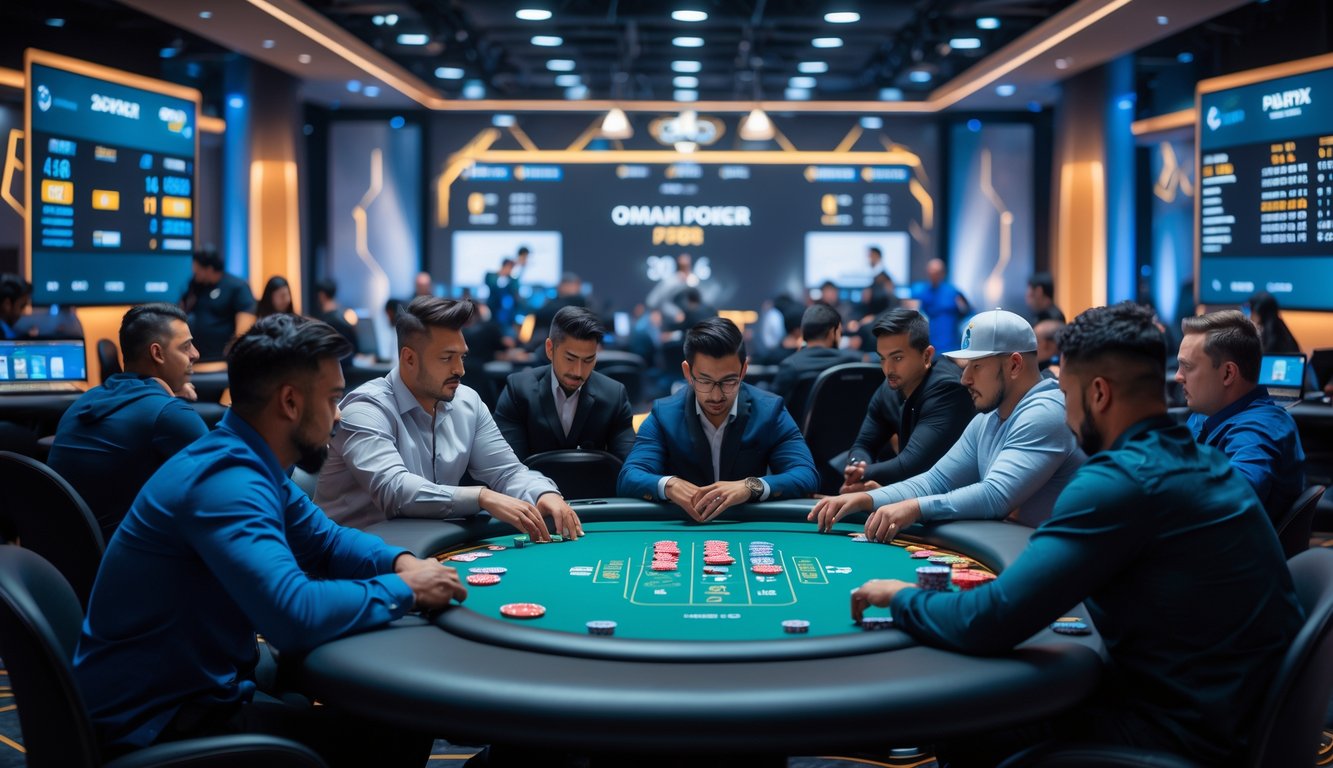Sekelompok pemain poker sedang bermain di meja poker modern dengan layar digital dan chip dalam turnamen poker online Omaha terbesar tahun 2026.