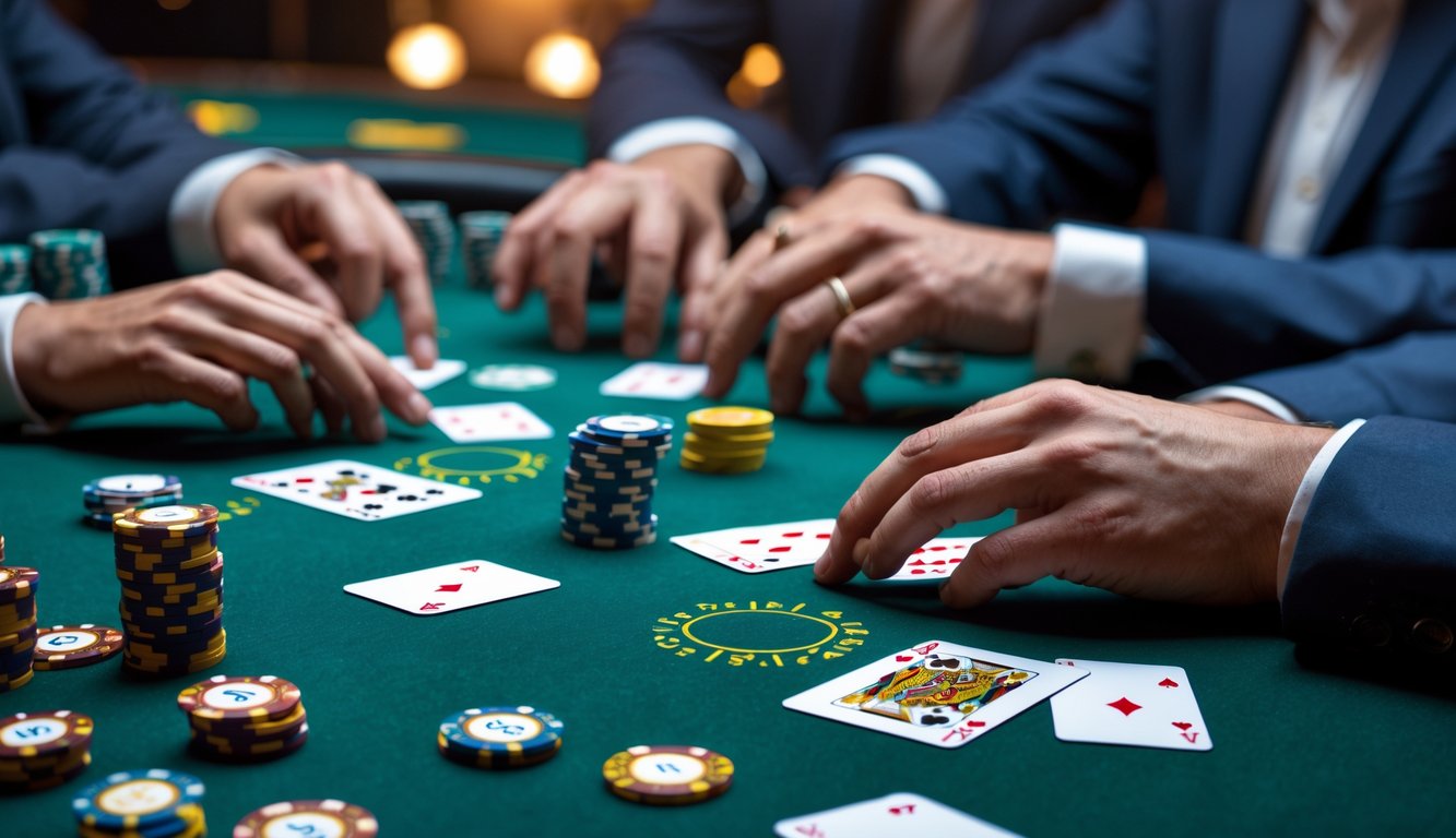 Meja poker dengan kartu dan chip yang tertata rapi, beberapa tangan pemain sedang bermain poker Omaha.