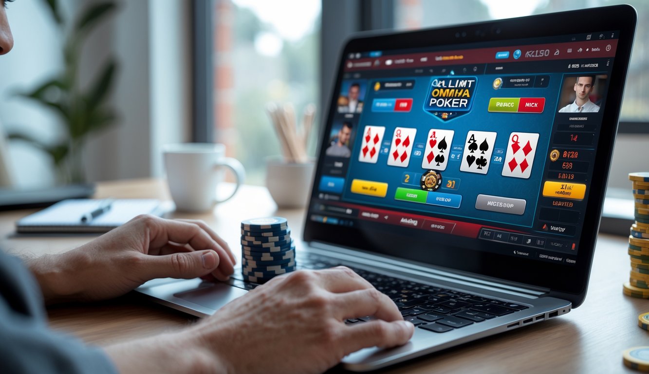 Seorang dewasa muda fokus bermain poker Pot-Limit Omaha online menggunakan laptop di ruang kerja modern dengan kartu dan chip poker di meja.