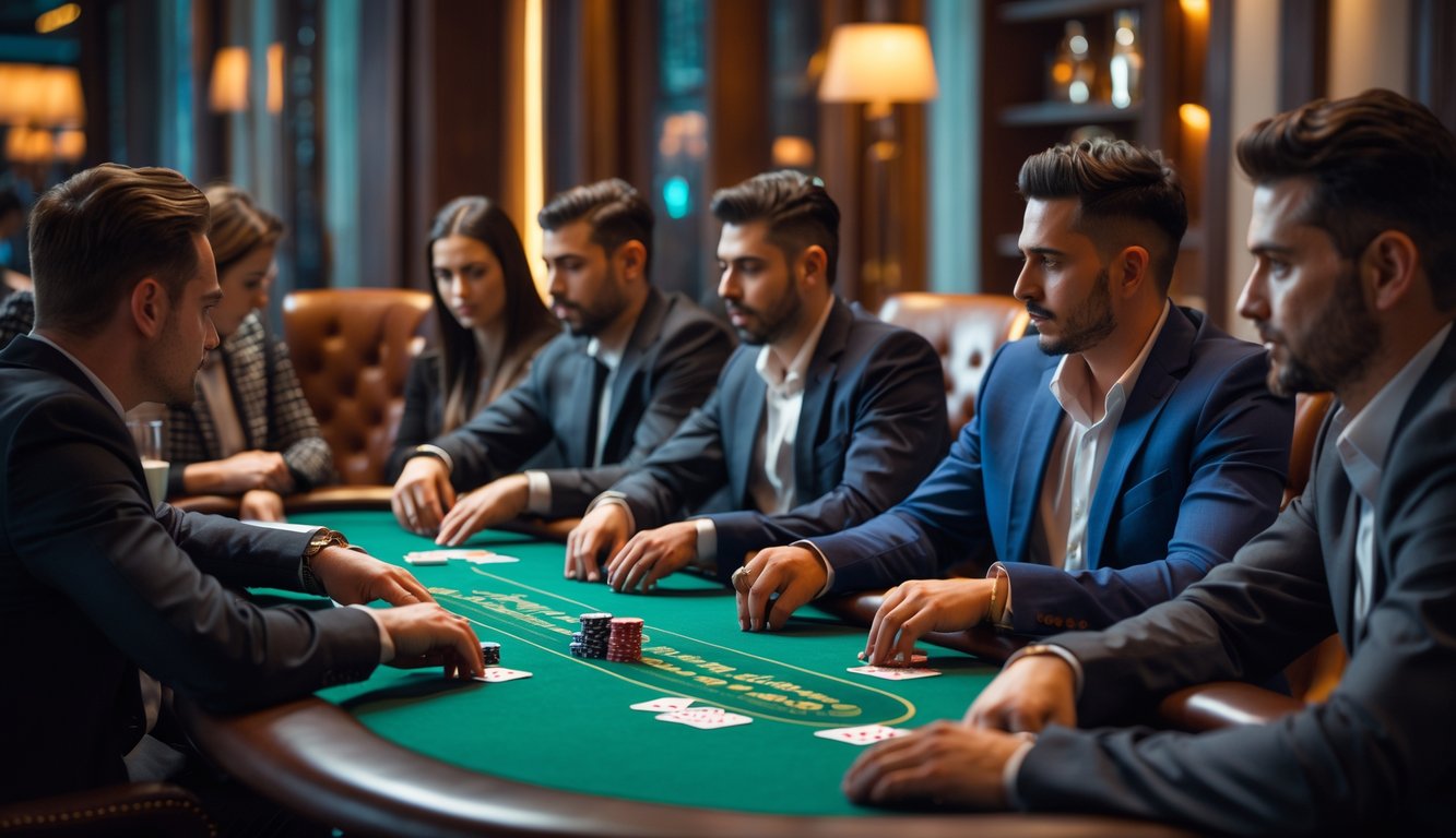 Sekelompok pemain sedang bermain Pot-Limit Omaha di meja poker dengan kartu dan chip di ruangan poker mewah.