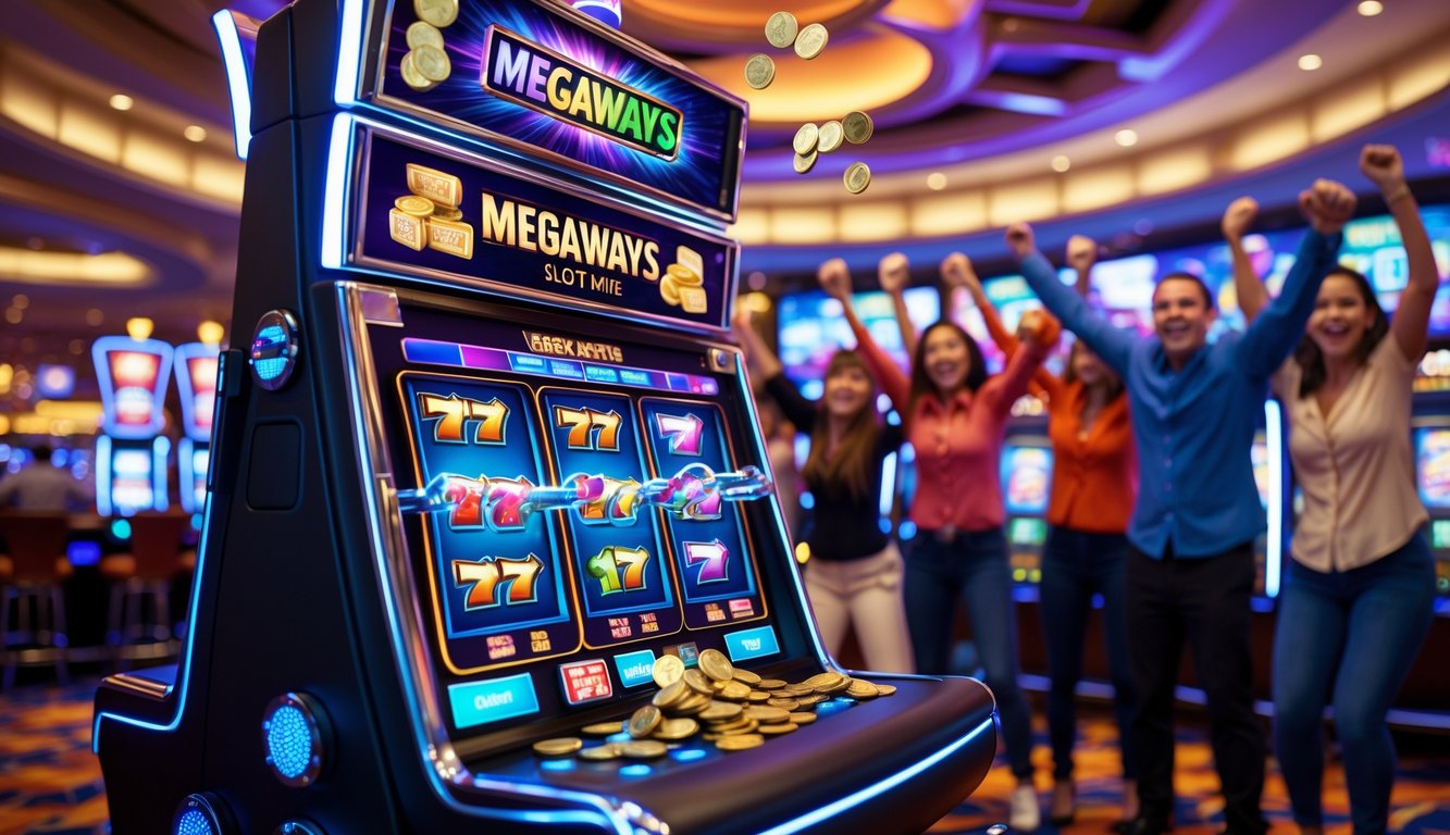 Suasana kasino dengan mesin slot Megaways yang menyala dan pemain yang sedang merayakan kemenangan.