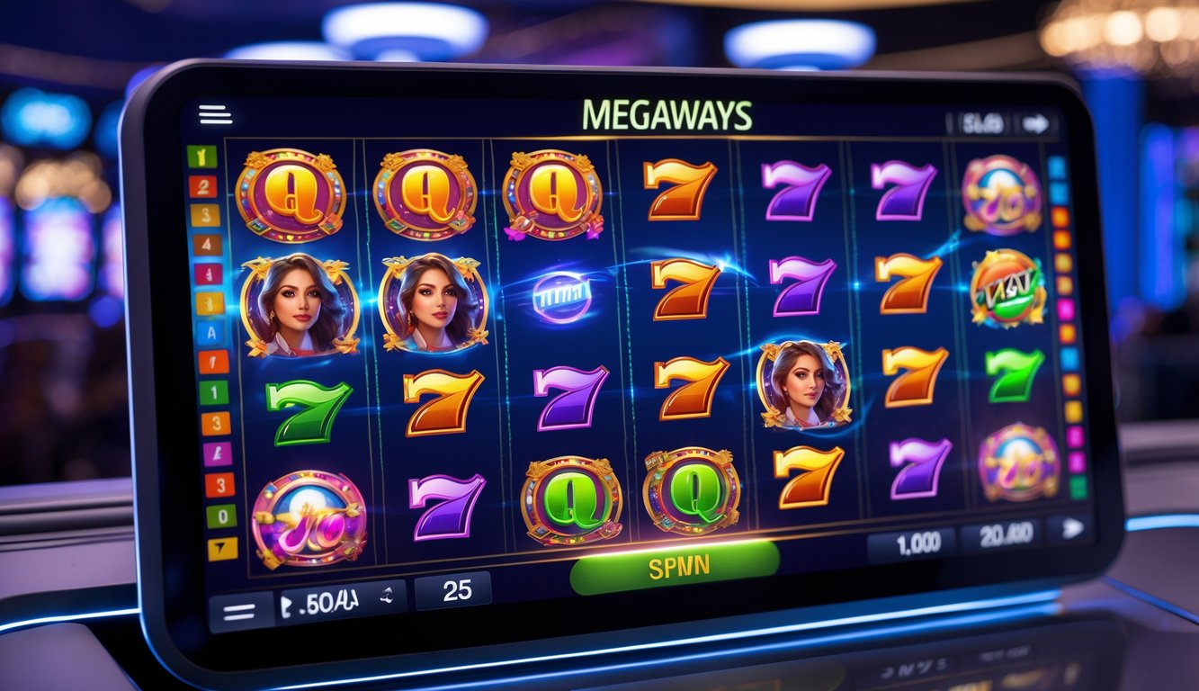 Tampilan mesin slot Megaways online dengan gulungan berwarna-warni dan lingkungan kasino modern.