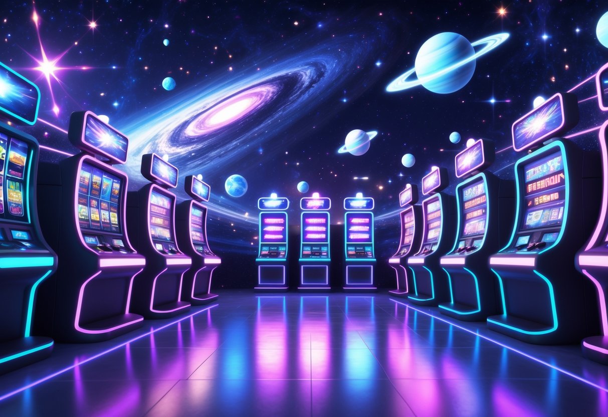 Pemandangan mesin slot futuristik dengan lampu neon berwarna biru, ungu, dan merah muda di latar belakang galaksi berbintang dan planet.
