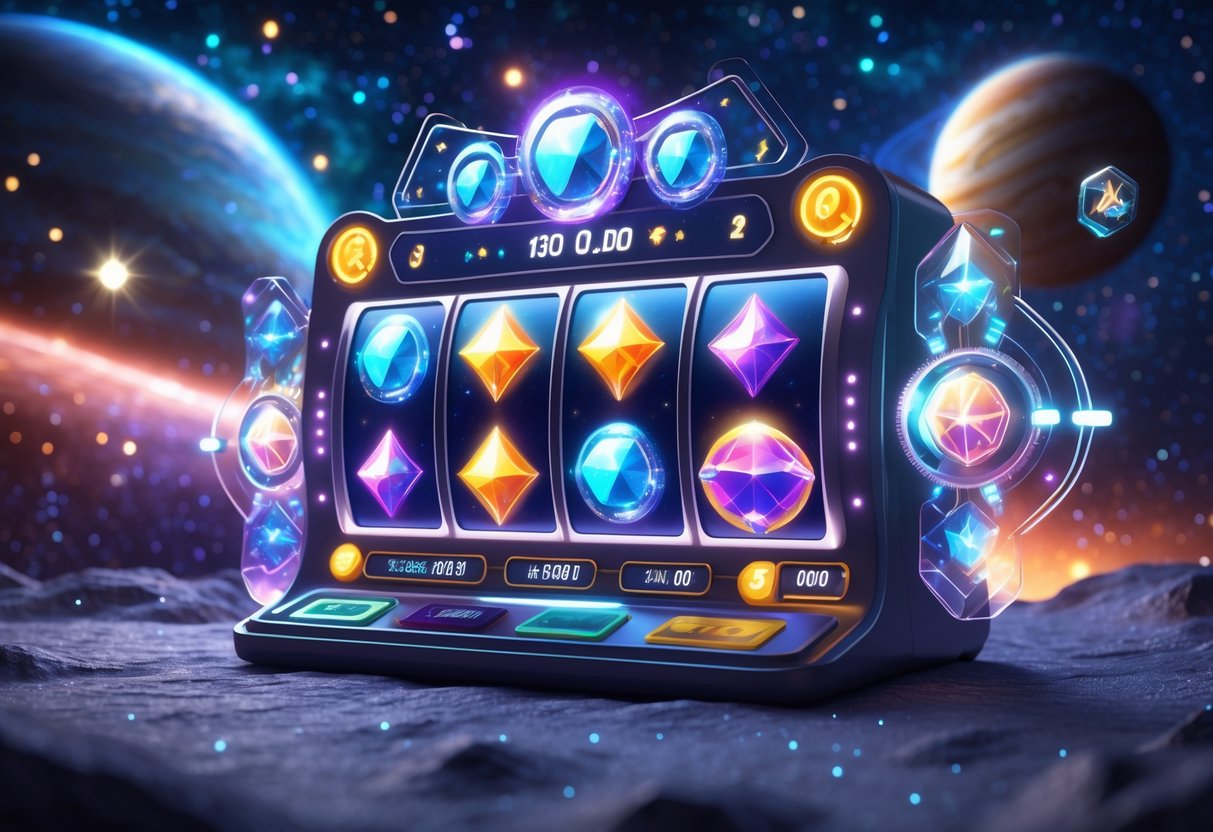 Mesin slot bertema kosmik dengan latar belakang luar angkasa penuh bintang dan planet.