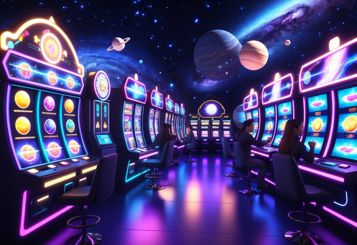 Pemandangan mesin slot bertema kosmos dengan latar belakang galaksi dan planet, menampilkan suasana kasino futuristik dengan pemain yang sedang bermain.