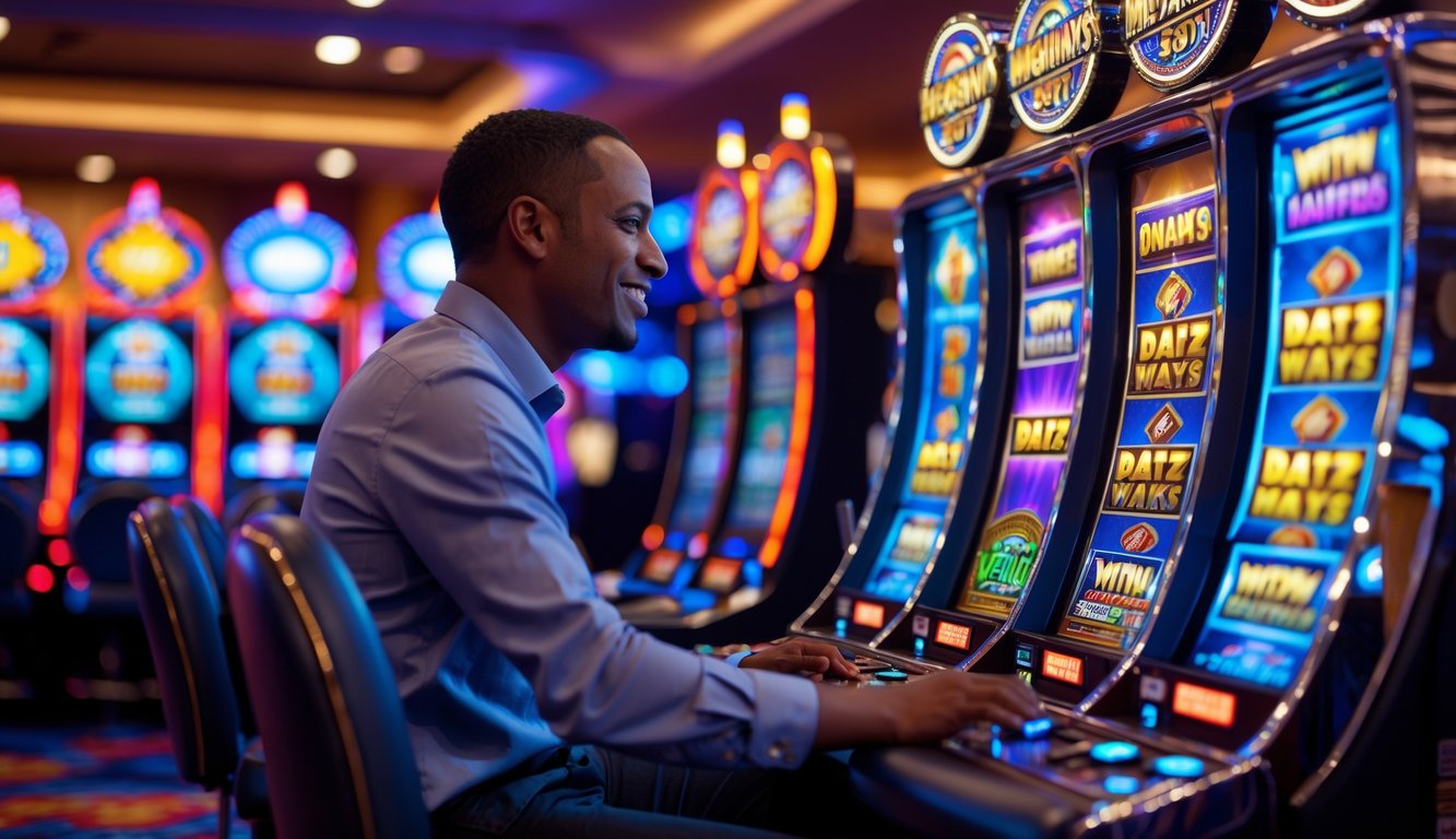 Seorang pemain sedang bermain mesin slot Megaways di kasino yang ramai dengan lampu berwarna-warni dan suasana yang hidup.