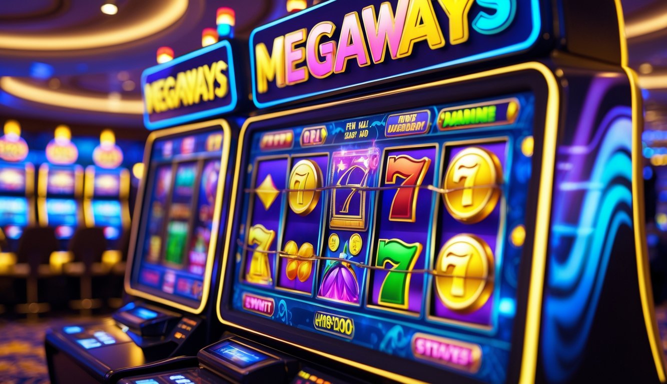 Mesin slot modern dengan banyak gulungan dan simbol berwarna-warni di latar kasino mewah.